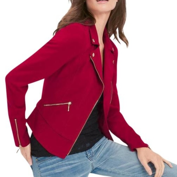 WHBM Red Moto Jacket Gold Button Burgundy Leather - Picture 2 of 6